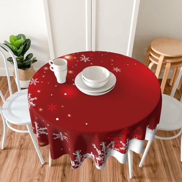 Beautiful Red and White 60-Inch Round Christmas Tablecloth - Easy Care Fabric - Picture 5 of 6